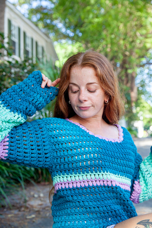 Handmade Chunky Crochet Sweater - Sea Breeze Stripes