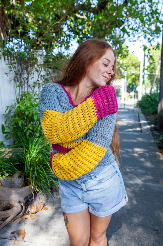 Bold Color-Block Crochet Sweater in Grey, Mustard & Fuchsia