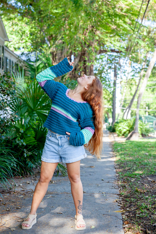Handmade Chunky Crochet Sweater - Sea Breeze Stripes