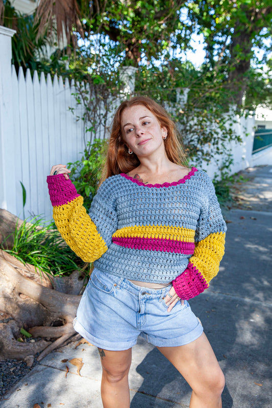 Bold Color-Block Crochet Sweater in Grey, Mustard & Fuchsia